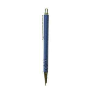 Blauer Kugelschreiber mit silbernen Details von der Seite