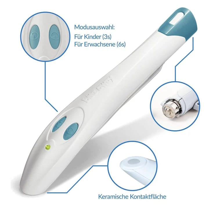 Weisser Insektenstichheiler mit hellblauen Details und Produktdetails