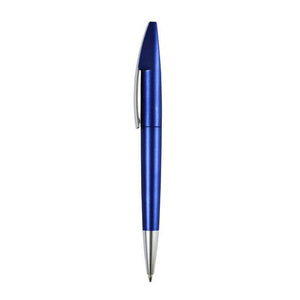 Blauer Kugelschreiber mit silbernen Details von der Seite