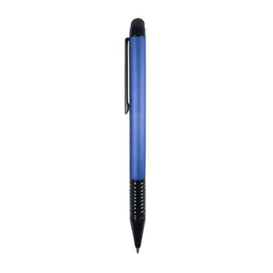 Blauer Kugelschreiber mit schwarzen Details von der Seite