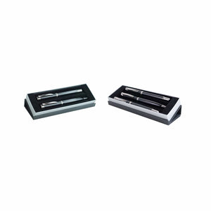 Zweier und Dreier-Set von schwarzen Stiften mit silbernen Details inklusive grauer Aufstellbox