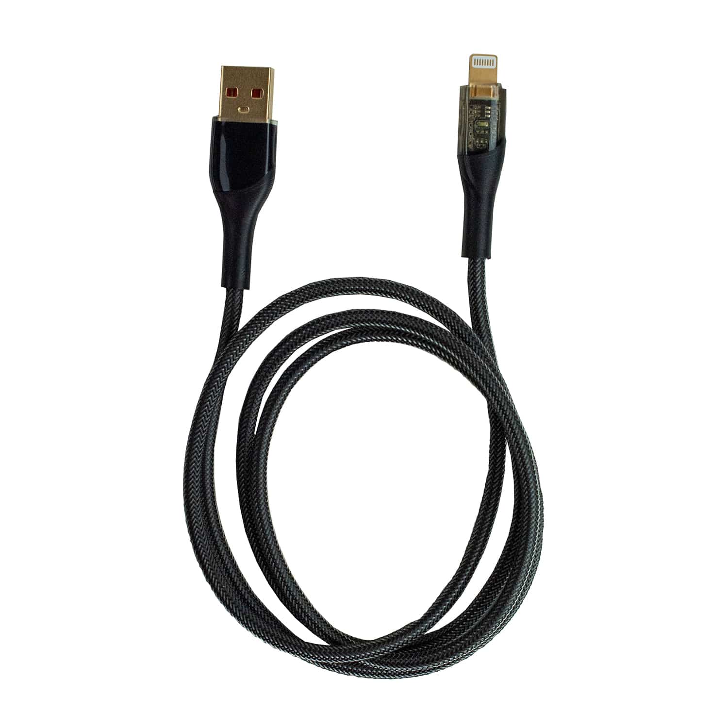 Schwarzes Kabel mit USB-A und Lightning Anschlüssen