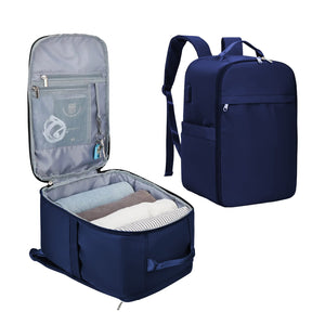 Geöffneter Reiserucksack in blau mit einem grossen und mehreren kleinen Fächern und Beispielsinhalt