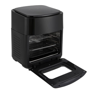 Schwarzer, aufgeklappter Airfryer mit Sichtfenster