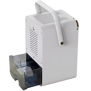 Weisser Luftentfeuchter von hinten mit Wasserbehälter