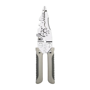 Silberne Crimp- und Abisolierzange mit garuen Gummi Griffen von vorne