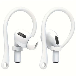 Weisse Silikon Ohrbügel in einem Anwendungsbeispiel an Airpods