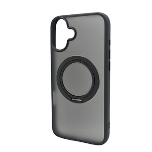 Graue iPhone-Hülle von der Seite mit rundem, einklappbarem Ständer für das iPhone 16 Plus