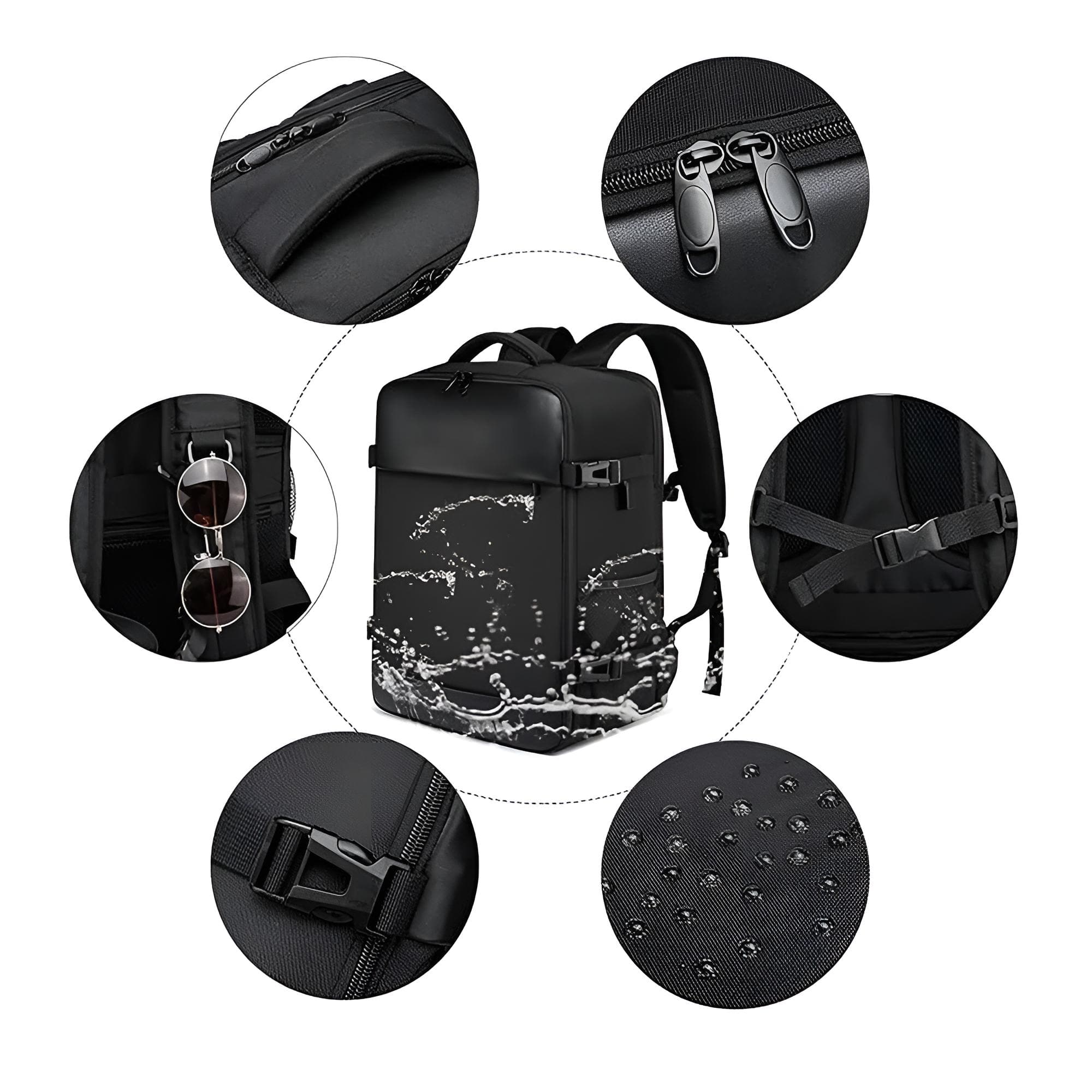 Produktdetails des schwarzen Rucksacks: Verschlüsse, Henkel, wasserfest