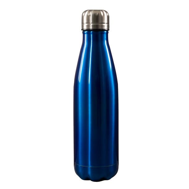 Blaue, glänzende Thermoflasche mit silbernem Deckel