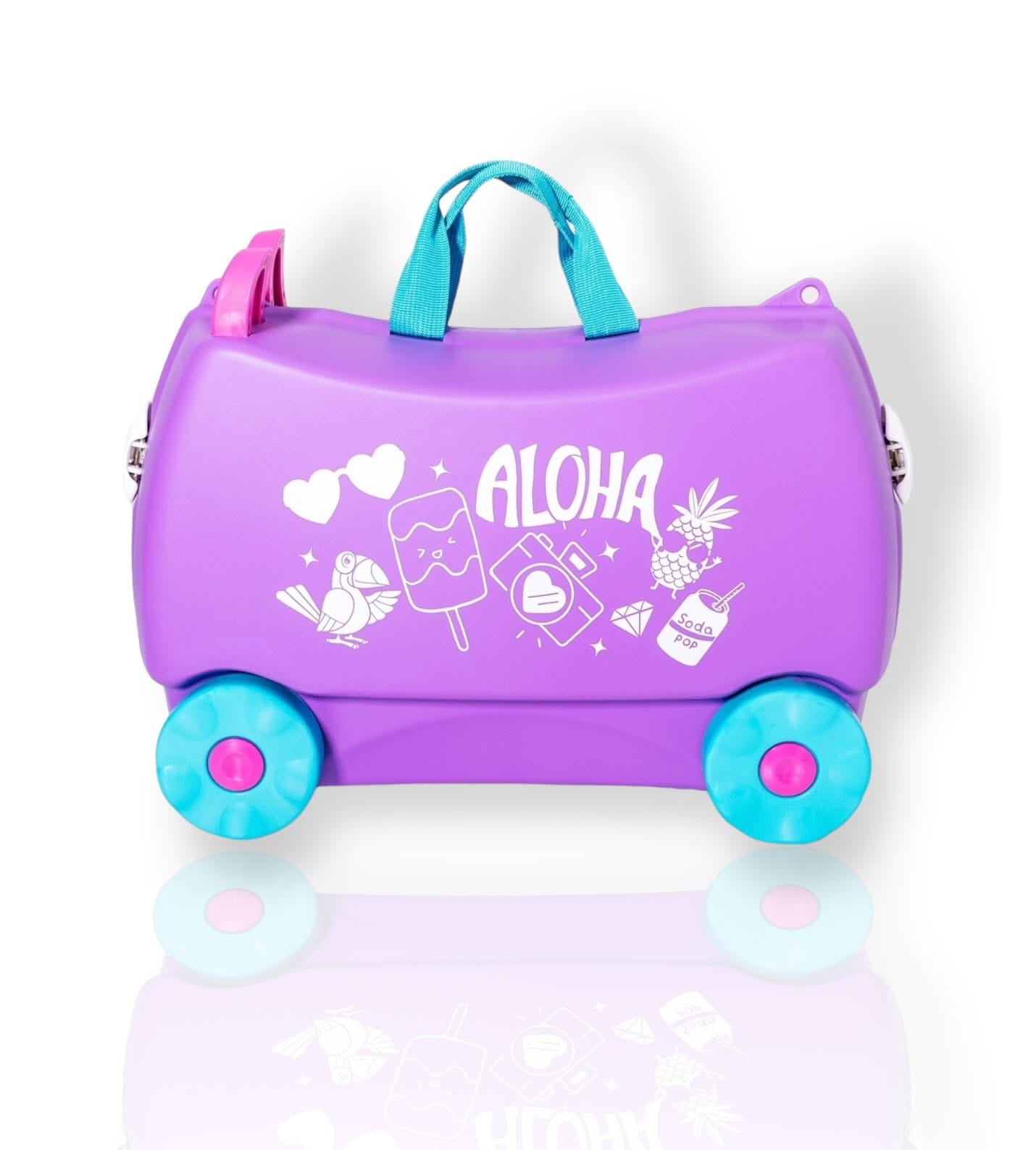 Lila Kinderkoffer mit blauen Rädern und weisser Zeichnung an der anderen Seite