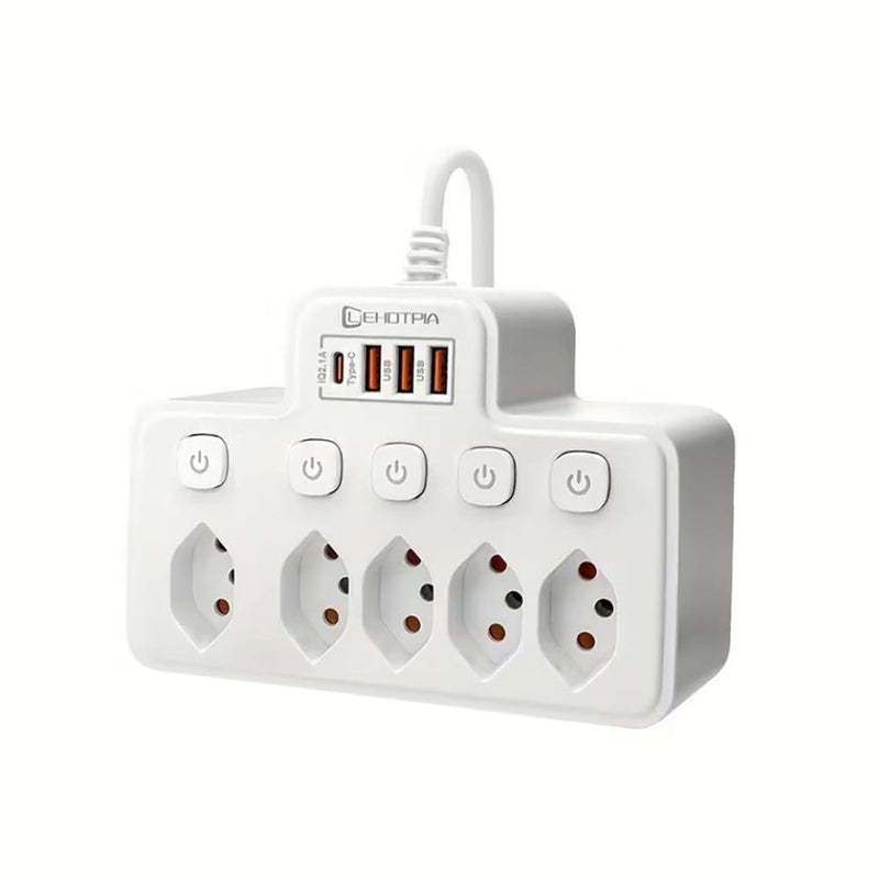 Mehrfachsteckdose mit USB – 5 Steckplätze, 3x USB-A, 1x USB-C, Überspannungsschutz