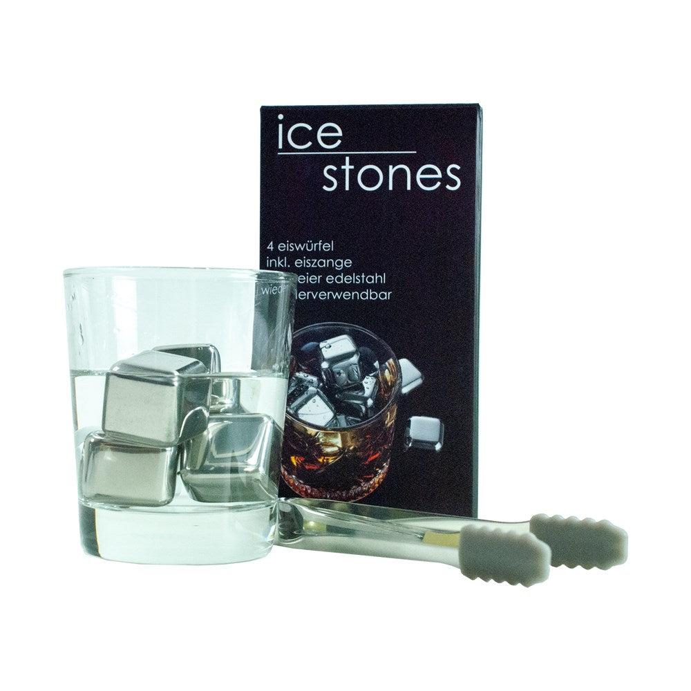 ICE STONES Whiskey Steine aus Edelstahl, 4-tlg inkl. Eiszange - novistore.ch